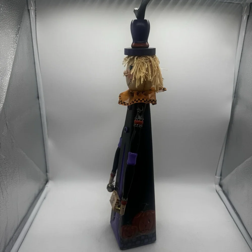 Halloween Scarecrow Crow Zone Figure Hand Painted Wood Articulated Arms Vtg Sign
